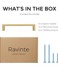 Solid Five Inch Square Cabinet Handles 10 Pack Brushed Brass Drawer Pulls, screws, and packaging from Ravinte.
