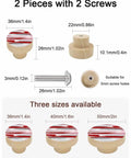 Rock Solid One Point Four Inch Round Beech Wood Cabinet Knobs Featuring A Snazzy Abstract Red Oil Painting Vibe For Total Kitchen Furniture Upgrades Today with screws and size details.