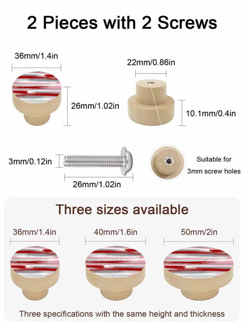 Rock Solid One Point Four Inch Round Beech Wood Cabinet Knobs Featuring A Snazzy Abstract Red Oil Painting Vibe For Total Kitchen Furniture Upgrades Today with screws and size details.