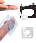 Plus 16 Piece Sew In Magnetic Snap Assortment Featuring Slim Invisible PVC Encased Closures on a finger with sewing machine in background.