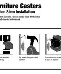 Illustration of installation steps for Top Tier Slick Rolling Office Chair Casters Twin Wheels Swivel Glides 5/16 Inch Stem Mount.