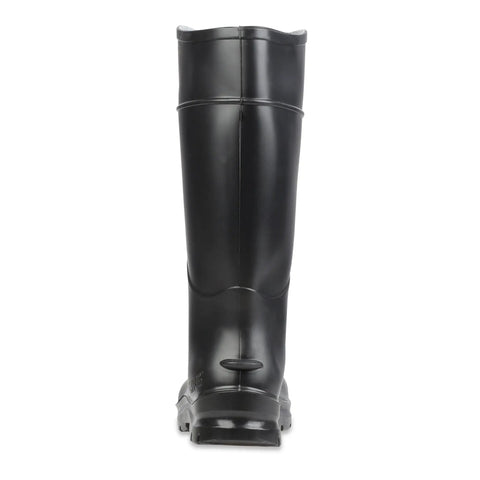 Mens Heavy Duty 14 Inch Steel Toe Work Boots Black Size 10 seamless waterproof PVC back view with flexible comfort shaft.