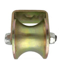 Beefy U-Shaped Steel Track Wheel With 3-Inch Wide Groove And 80-Millimeter Arc Guide Roller Bearing For Heavy Duty Sliding Gate Door Fence Rail Repair In Garage Or Industrial Settings Rock Solid Performance close-up view.