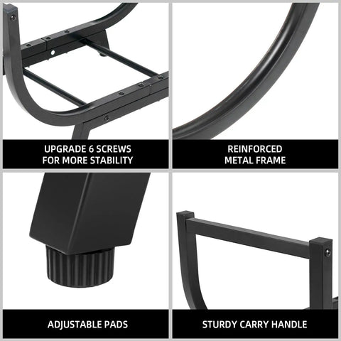 Details of 30-Inch Curved Firewood Rack, Heavy-Duty Steel Log Holder For Indoor And Outdoor Use, showing adjustable pads and carry handle