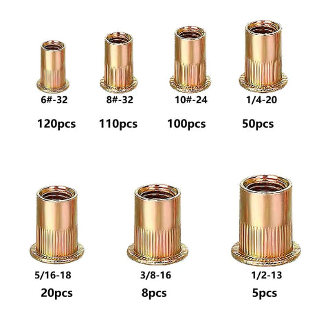 Rivet Nut Kit With 413-Piece SAE UNC Assortment In Zinc Plated Carbon Steel Flat Head Nuts, sizes 6-32 to 1/2-13, 7 variants shown
