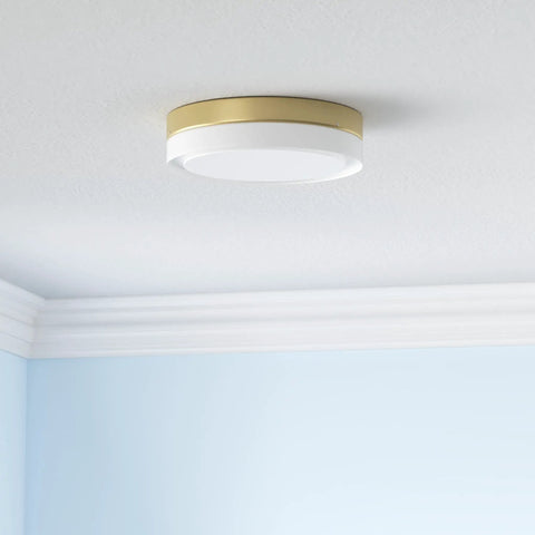 Close To Ceiling LED Flush Mount Light 18W 3000K Warm White With Thick Glass Shade In Brass Finish For Bedroom Living Room Kitchen 12 Inch Fixture Sleek Dope Modern Style, shown installed on a ceiling