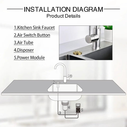 Installation diagram of Garbage Disposal Air Switch Kit With Long Button In Champagne Bronze Brass Cover for a sleek kitchen.