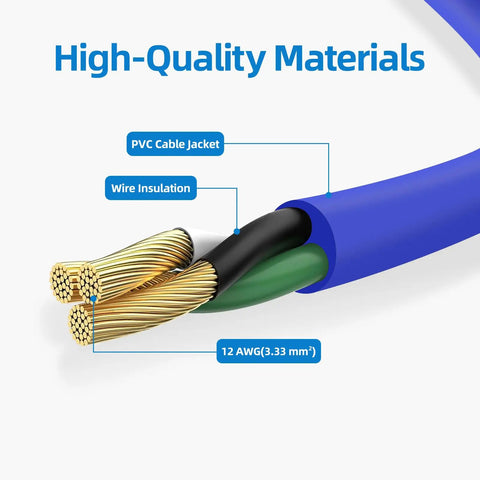 Close-up of Heavy Duty 12 Gauge Outdoor Extension Cord 100 Ft Long Waterproof Power Cable showing PVC jacket and wire insulation.