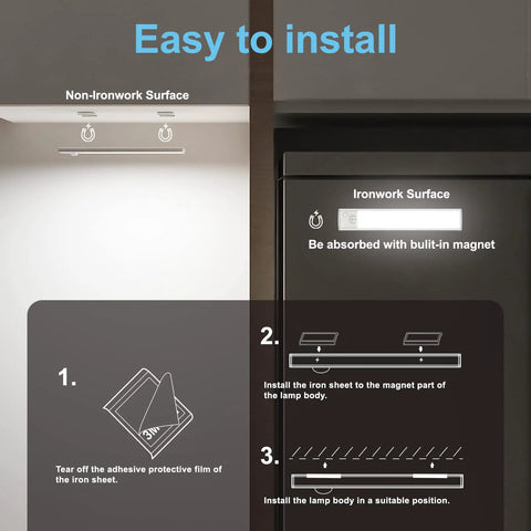 Easy install guide for Under Cabinet LED Lights With Motion Sensor 53 LED Dimmable USB Rechargeable Strip Magnetic Mount