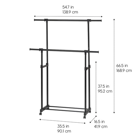Heavy Duty Double Rod Clothes Rack With Smooth Rolling Lockable Wheels And Height Adjustable Extendable Bar dimensions 54.7 x 66.5 in