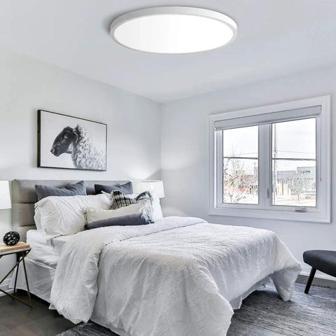 Bedroom with Ultra Thin 12 Inch LED Flush Mount Ceiling Light With 5000K Daylight White 24W 240W Equivalent No Dimming No Frills