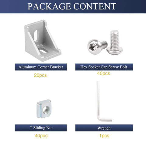 Legit 40x40 Aluminum Extrusion Hardware Kit featuring 20 corner brackets, 40 hex socket screws, 40 T slide nuts, and wrench.