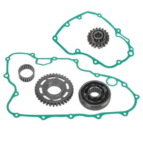 High One Way Clutch Starter Gear Plus Premium Gasket Kit For Honda TRX450ER Atv 2006 Through 2014 showing steel gears and gaskets.