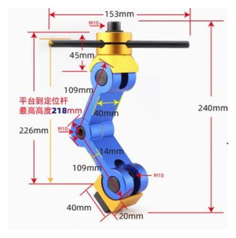 Universal Cnc Mill Machine Positioner With Dead On Accurate Adjustable Workpiece Stop Block, blue and yellow design with dimensions.