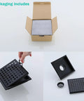 Packaging includes Refresh Your Shower Game With This Six Inch Square Floor Drain In Sleek Matte Black Featuring Burly 304 Stainless Steel Grid And Lightning Fast Two Inch High Flow Outlet Setup.
