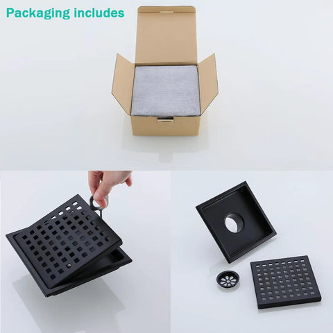 Packaging includes Refresh Your Shower Game With This Six Inch Square Floor Drain In Sleek Matte Black Featuring Burly 304 Stainless Steel Grid And Lightning Fast Two Inch High Flow Outlet Setup.