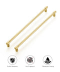 No Cap Required With These Brushed Gold Kitchen Cabinet Pulls Featuring 12 And 3/5 Inch Hole Centers Bang For Your Buck Zinc Alloy Drawer Handles For Total Space Glow Ups In A 5 Pack Bundle, showcasing two gold pulls with modern design.
