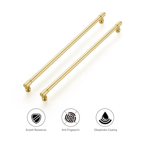 No Cap Required With These Brushed Gold Kitchen Cabinet Pulls Featuring 12 And 3/5 Inch Hole Centers Bang For Your Buck Zinc Alloy Drawer Handles For Total Space Glow Ups In A 5 Pack Bundle, showcasing two gold pulls with modern design.