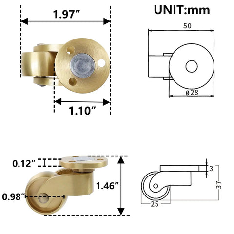 Badass Solid Brass Swivel Casters For Floor Mats Set Of 4 dimensions with measurements and polished brass finish.