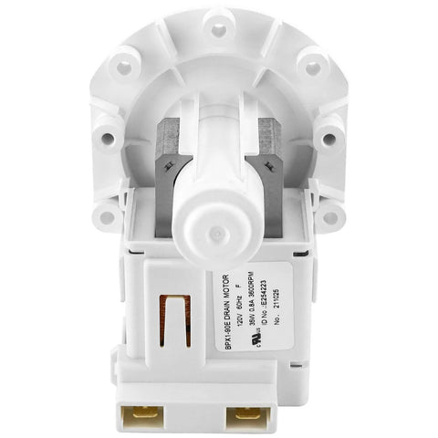 Drain pump assembly, white plastic dishwasher pump with motor housing, front view.