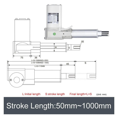 Heavy Duty Electric Linear Actuator 4 Pack With Plug And Play Controller 24 Volt Slide Motor dimensions and stroke length diagram.