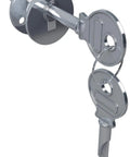 Premium Chrome Universal Plunger Lock Keyed Alike Setup with two keys showing, ideal for glass or wood doors.