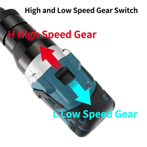 Hella Strong Cordless Rivet Nut Gun With 26V Lithium Battery Pack showing high and low speed gear switch with labels.