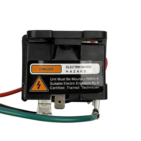 Heavy Duty AC Hard Start Kit For Four To Five Ton Air Conditioners Pre Wired Hvac Starter Plug And Play With Smart Switch and danger label close-up.