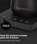 Close-up of the Gooseneck Electric Kettle With Precision Temperature Control Within One Degree Fahrenheit 1200W Rapid Boil In Five Minutes Keeps Warm Six Hours 304 Stainless Interior BPA Free Black showing control panel with hold button.