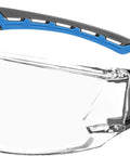 Top Tier Anti Fog Safety Glasses With Blue Bifocal Readers And Plus Point Five Magnification Heavy Duty Wrap Around Frame side view showing clear lenses and blue accents.