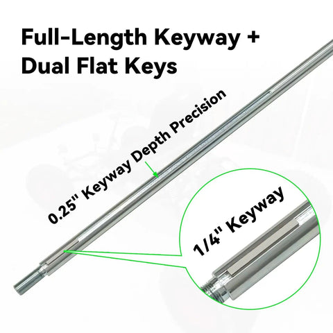 Universal 40 Inch Go Kart Rear Axle Kit for ATVs Quads Dune Buggies and Trailers Tough Heavy Duty Live Axle Shaft With One Inch Diameter and Three Quarter Inch Step Down Fine Thread and Quarter Inch Keyway DIY Friendly showing full-length keyway and dual flat keys with 0.25 inch depth precision and 1/4 inch keyway