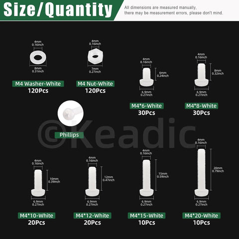 M4 White Nylon Pan Head Screw Kit Featuring 360 Pieces Of Robust Hex Nuts And Flat Washers For Tough DIY Fixups And Home Maintenance Where You Need Top Notch Quality And Zero Hassle Guarantee sizes and quantities diagram.