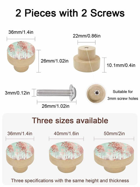 Two Pack Solid Beech Wood Cabinet Knobs 1.4 Inch Round Wooden Drawer Pulls With A Slick Green Forest Finish shown with screws
