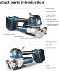 Portable Electric Strapping Machine With Automatic Welding For PP PET Straps 11 To 19 Mm Wide, showing detailed parts including buttons and displays.