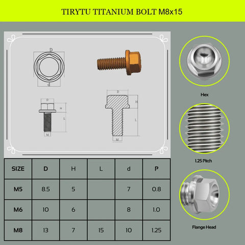 Heavy Duty Flange Hex Titanium Bolts M8 X 15 Millimeter 4 Pack illustration showing dimensions and design features.