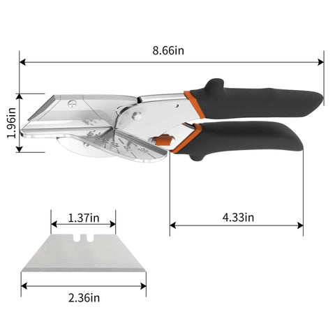 Multi-angle miter shear cutter set adjustable 45 to 135 degrees with aluminum handle and replaceable blade dimensions shown