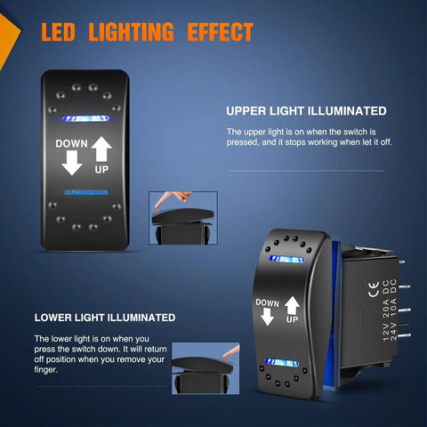 No Nonsense Reverse Polarity Switch 20A 12V 7 Pin Momentary On Off On Rocker Toggle Controller with LED effect.