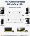Clear Acrylic Appliance Slider Tray 13 X 14 Inch Slick Roll Out Coffee Maker Base with dimensions and appliances shown.