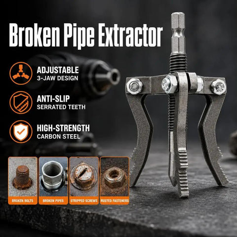 Heavy Hitter Broken Pipe Extractor Tool With Deep Bite Serrations To Yank Torn Threads From Pvc Metal And Ppr Tubing close-up of 3-jaw design