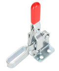 Toggle Clamp With Quick Positioning Fixture And Plastic Handle For Metal Plates And Circuit Boards, side view with red handle