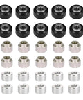 Top Shelf Pom V Slot Wheels And Pulleys Kit With Double Bearings Plus Hexagonal Eccentric Posts and Round Spacers For Fly Performance Aluminum Extrusion 3D Printer Mods, featuring black POM wheels, silver hexagonal posts, and round spacers.