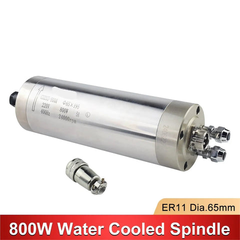 Pro Grade 800 Watt Water Cooled Spindle Motor ER11 Collet 65 mm By 195 mm showing metal body and connectors for CNC use.
