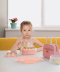 Child using Three Stackable Bento Lunch Box Set With Leak Proof BPA Free Containers Includes Lunch Bag And Built In Utensils Dishwasher Safe Lid Excluded Great For Meal Prep Grab And Go Ready Adults And Kids Pink