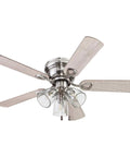 42 Inch Brushed Nickel Ceiling Fan With LED Light Kit Quiet Indoor Cooling For Rooms Up To 350 Sq Ft 3 Speeds 5 Reversible Blades Pull Chains Low Ceiling Friendly Design, shown from below with light fixture.