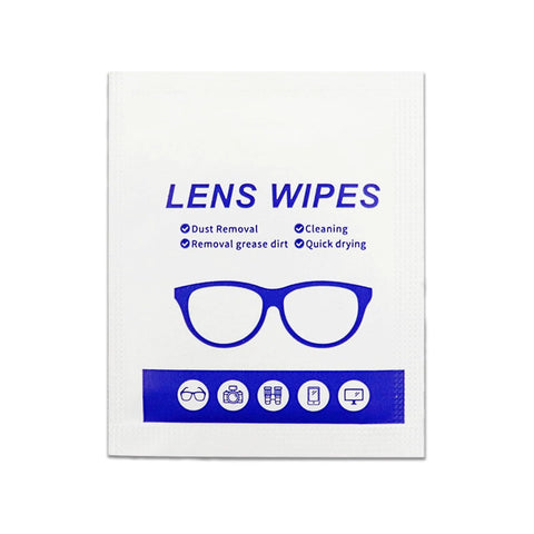 Lens wipes packet front view; white packet with blue LENS WIPES text and glasses icon.