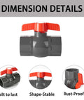 1/2 Inch SCH80 PVC Ball Valve 12 Pack Socket X Socket Shut Off For Irrigation And Pool Plumbing showing dimension details and valve action.