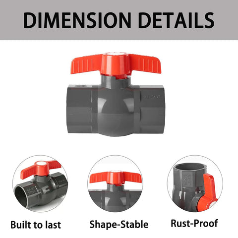 Top Shelf 3/4 Inch SCH80 Pvc Ball Valve With Slip Socket Ends For Zero Hassle Shut Off And Smooth Flow Control Perfect For Backyard Irrigation Pool Plumbing And Diy Setup Heavy Duty 8 Pack showing dimension details and features.
