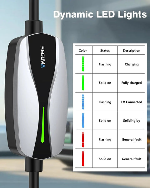 Portable Level 1 Plus Level 2 Electric Vehicle Charger Drops Straight Into Nema 6 20 Outlet And Blasts Out 16 Amp Fast Charge For J1772 Cars, showing LED lights status.