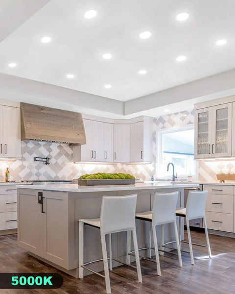 Modern kitchen with 12 Pack 6 Inch Ultra Thin LED Recessed Lights With Junction Box 5000K Daylight 13W Canless Ceiling