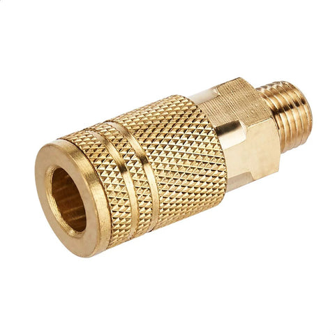 Brass air quick-connect coupling with 1/4-in NPT threads, knurled body, angled side view